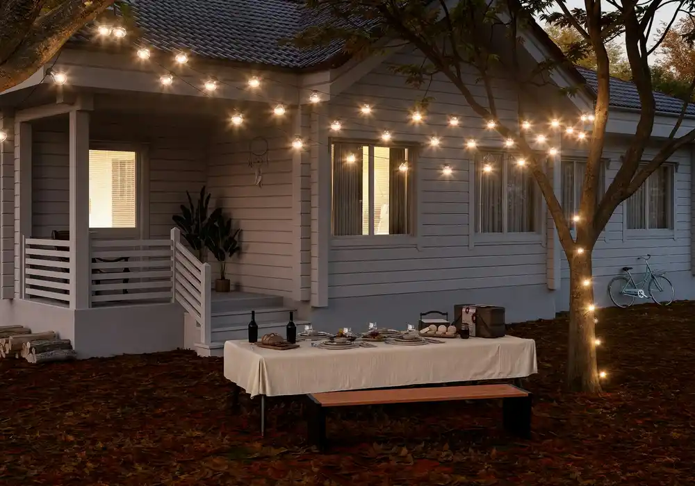 Solstice Patio String Lights styled outdoors